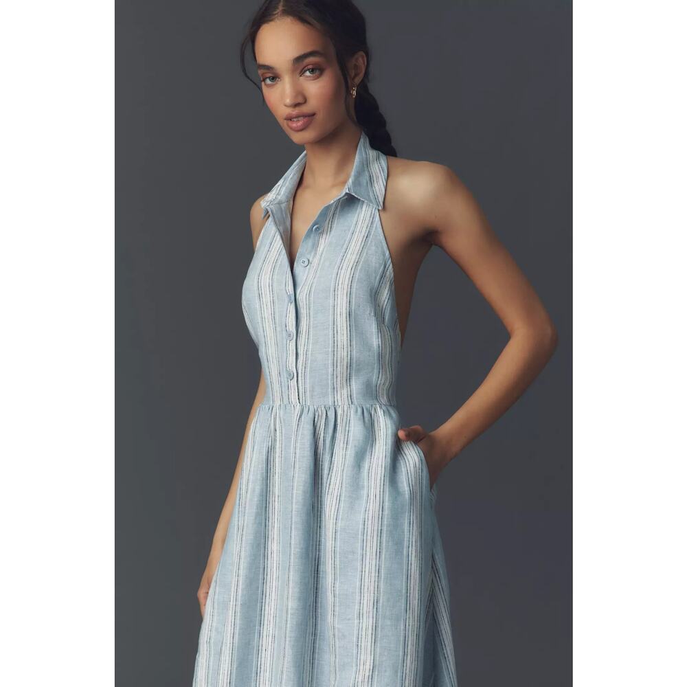 New Anthropologie Reformation Tace Linen Midi Shirt Dress $248 12 Blue Striped - Picture 3 of 5